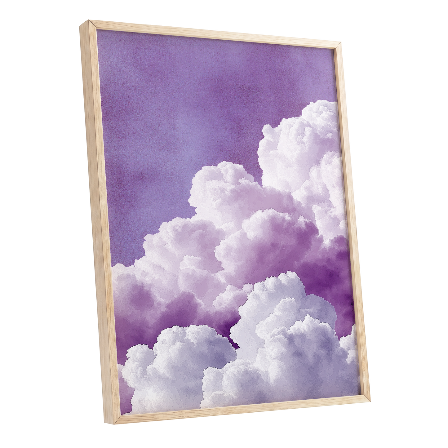 Lavender Cloudscape, purple, white, gray nature wall art shown as a oak framed poster wall art print