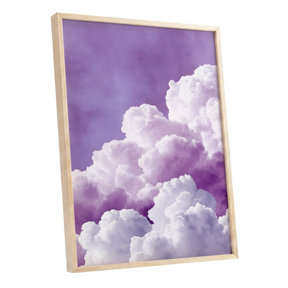 Lavender Cloudscape, purple, white, gray nature wall art shown as a oak framed poster wall art print