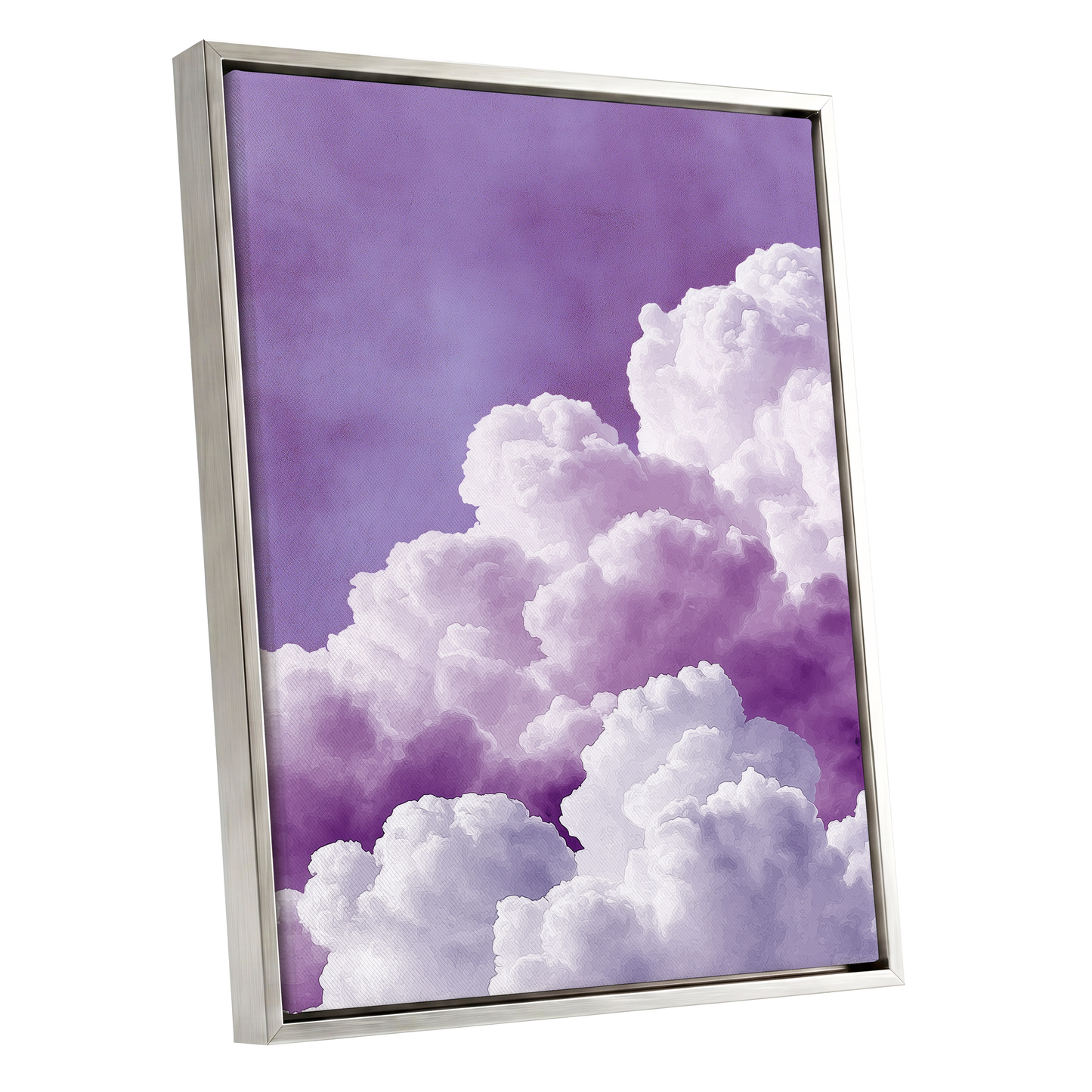 Lavender Cloudscape, purple, white, gray nature wall art shown as a silver framed canvas wall art