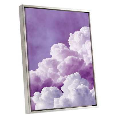 Lavender Cloudscape, purple, white, gray nature wall art shown as a silver framed canvas wall art