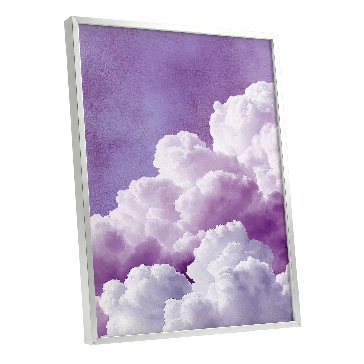 Lavender Cloudscape, purple, white, gray nature wall art shown as a silver framed poster wall art print