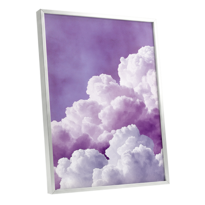 Lavender Cloudscape, purple, white, gray nature wall art shown as a silver framed poster wall art print