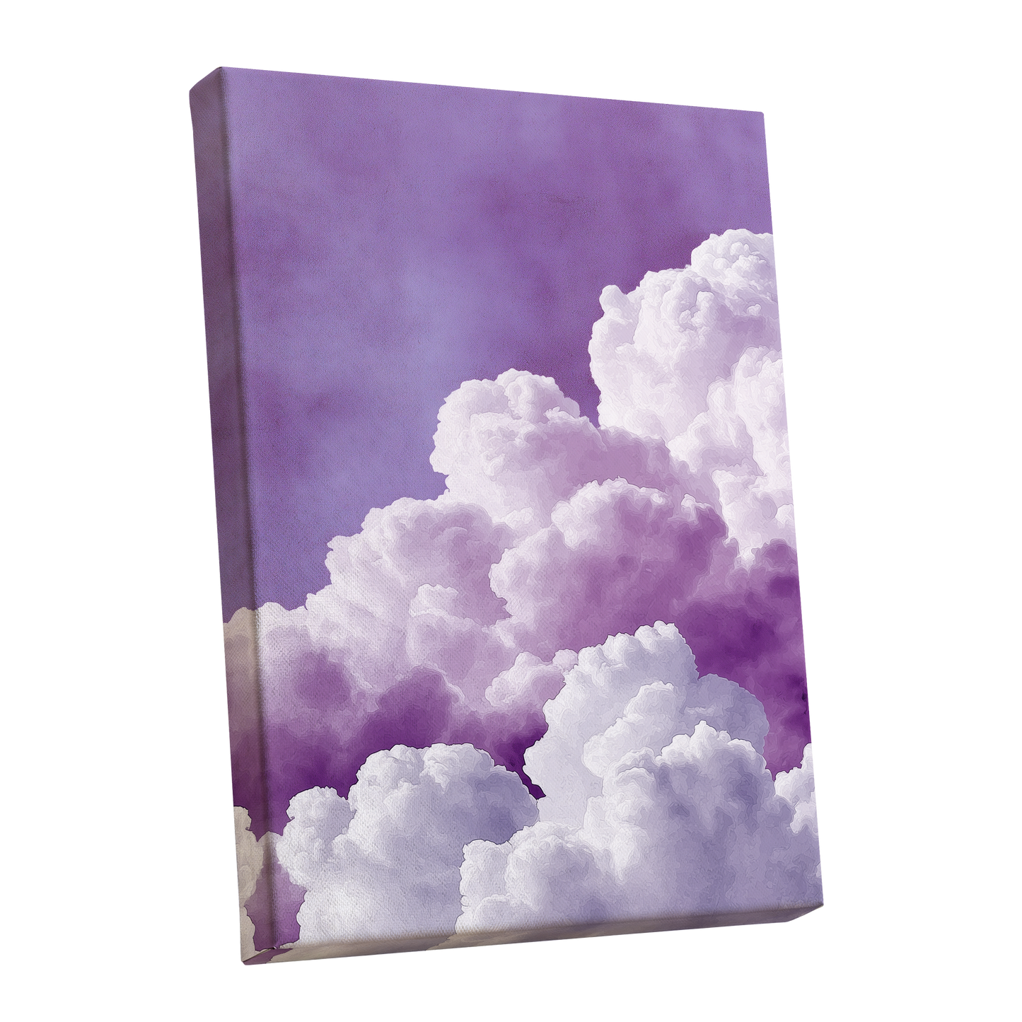 Lavender Cloudscape, purple, white, gray nature wall art shown as a stretched canvas wall art