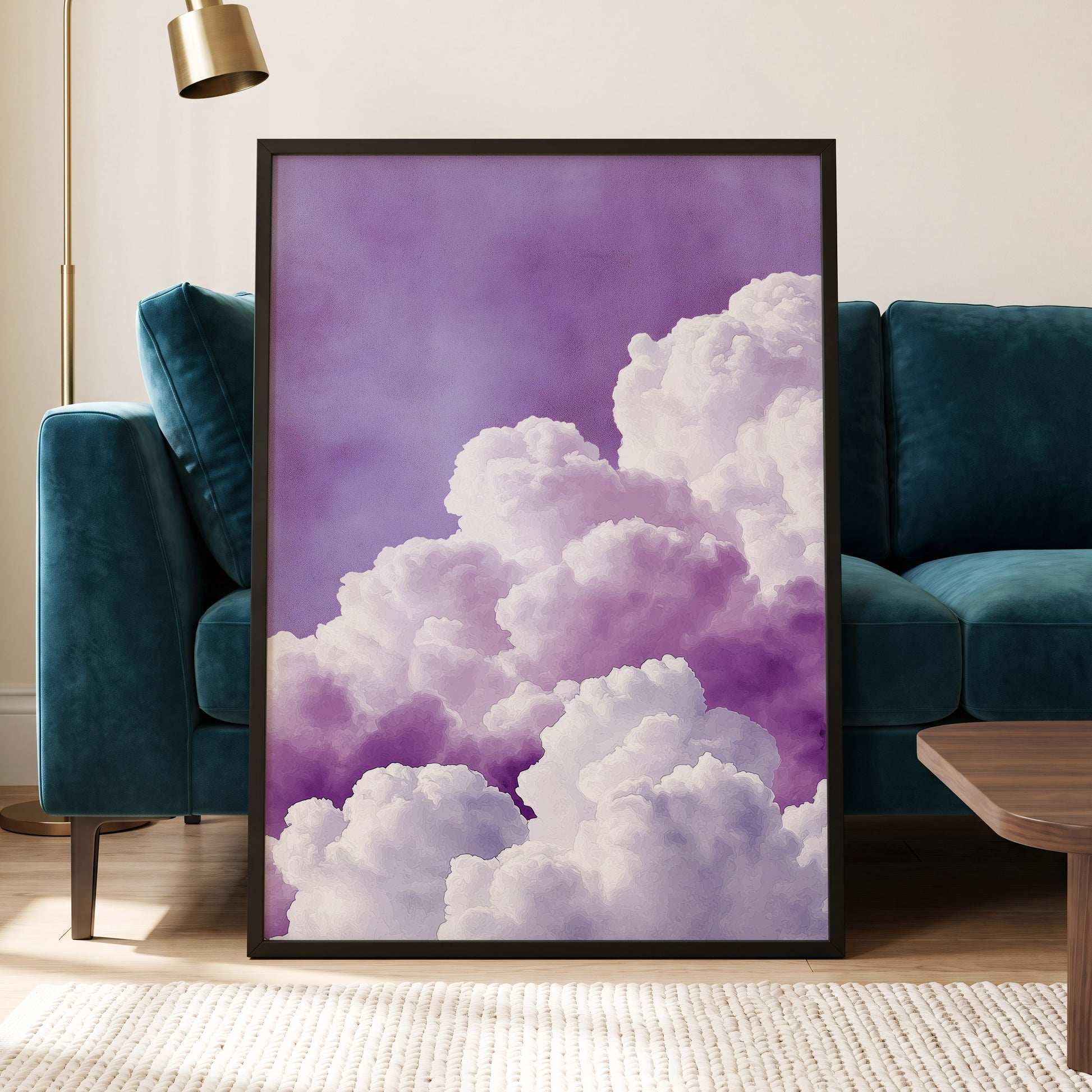 Lavender Cloudscape, purple, white, gray nature wall art displayed in a styled interior, gallery view 2