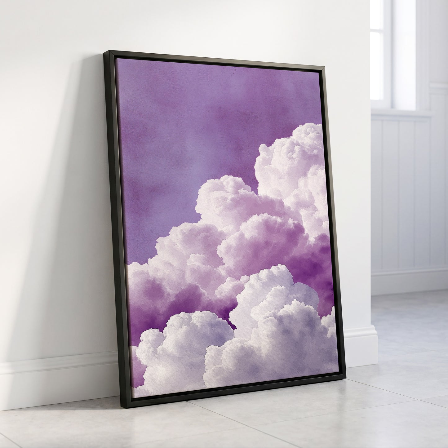 Lavender Cloudscape, purple, white, gray nature wall art displayed in a styled interior, gallery view 4