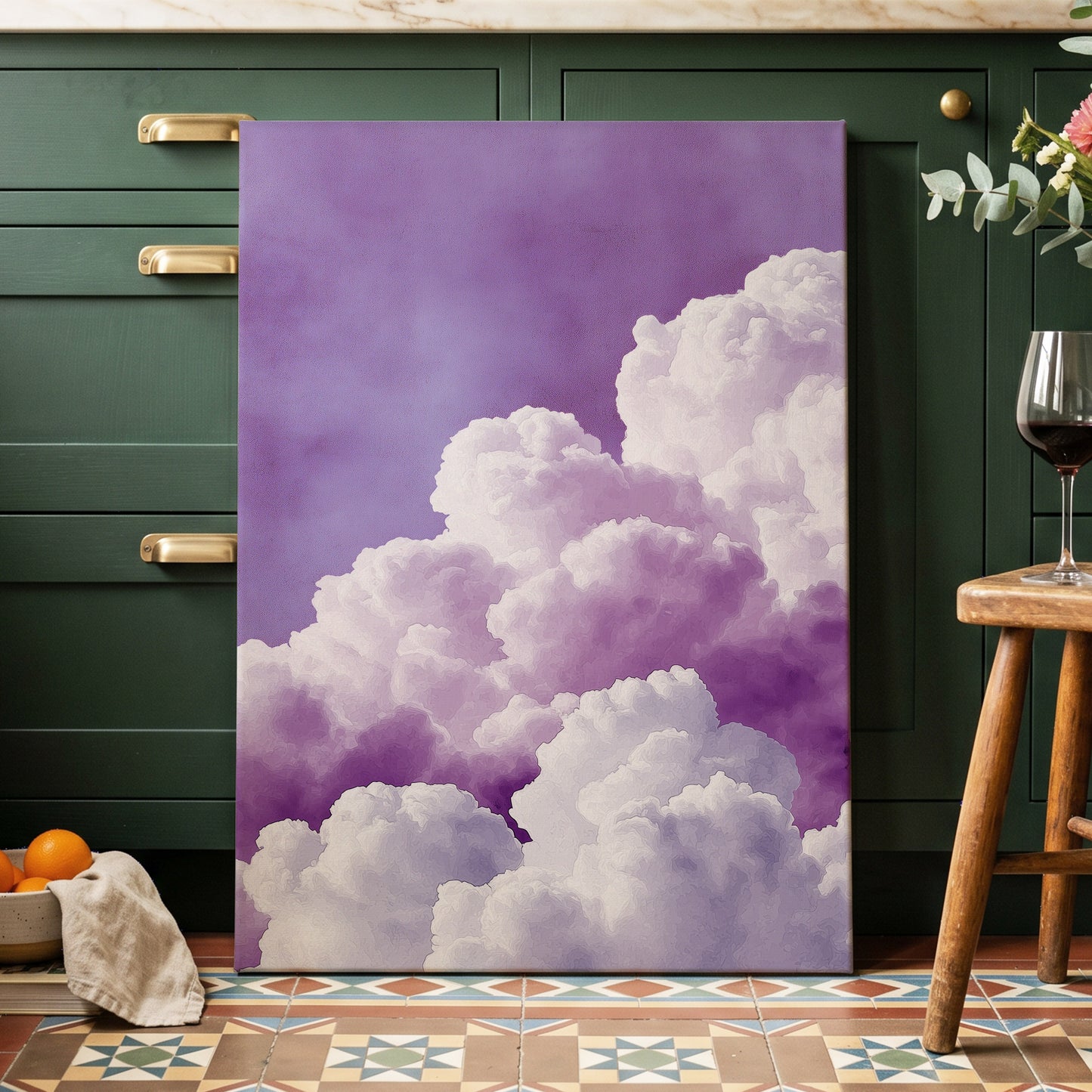 Lavender Cloudscape, purple, white, gray nature wall art displayed in a styled interior, gallery view 7