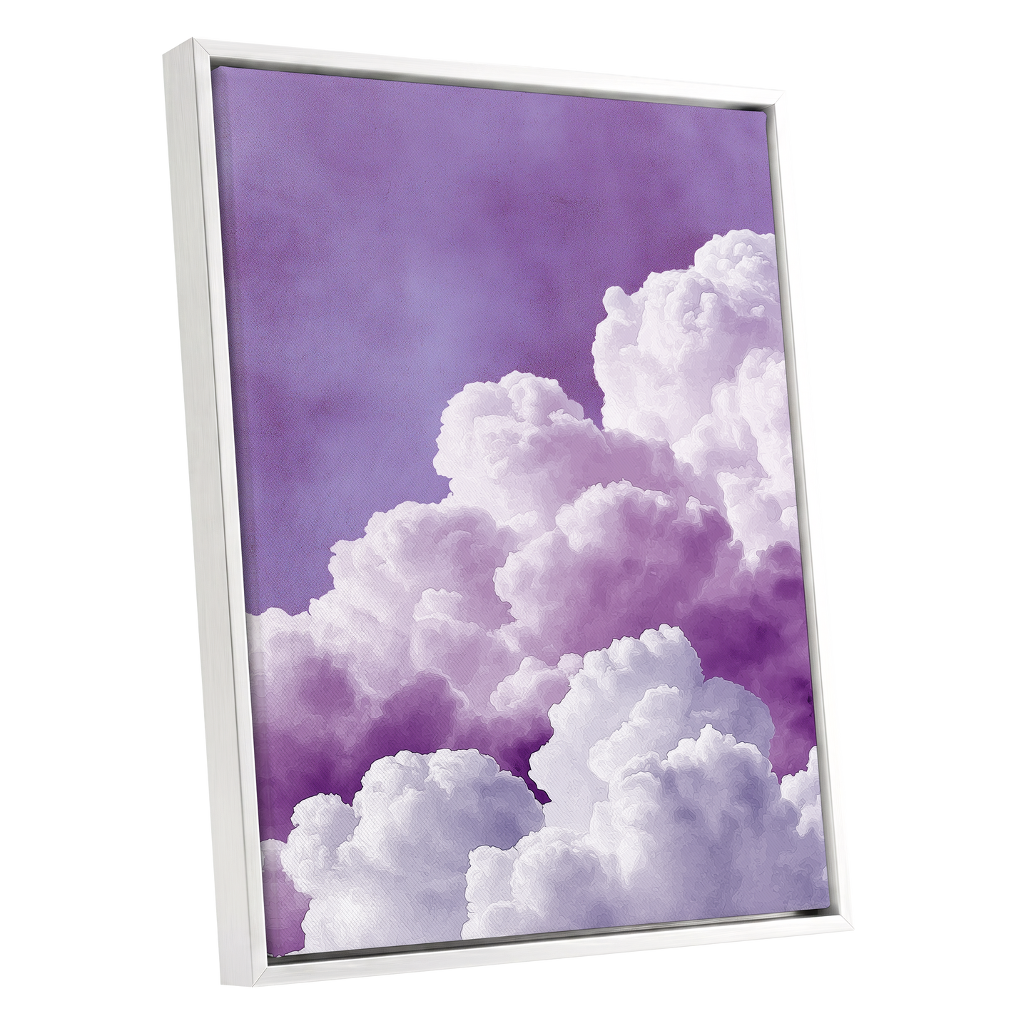 Lavender Cloudscape, purple, white, gray nature wall art shown as a white framed canvas wall art