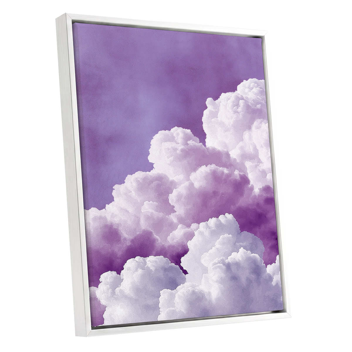 Lavender Cloudscape, purple, white, gray nature wall art shown as a white framed canvas wall art