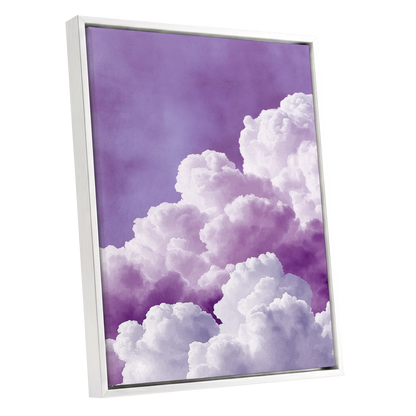 Lavender Cloudscape, purple, white, gray nature wall art shown as a white framed canvas wall art