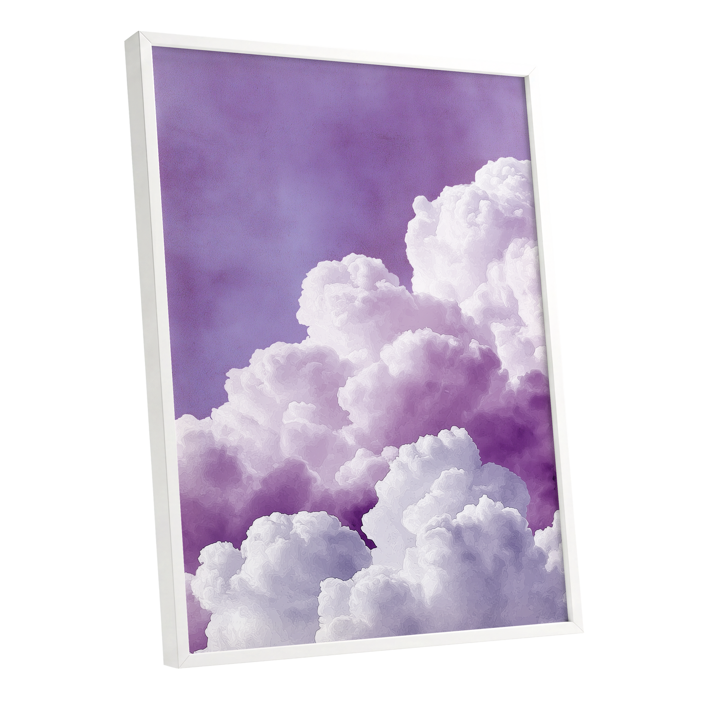 Lavender Cloudscape, purple, white, gray nature wall art shown as a white framed poster wall art print