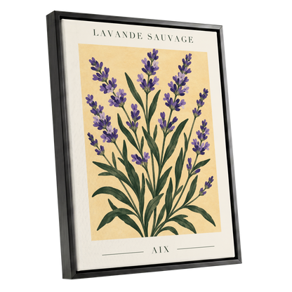 Lavender in Aix, purple, green, yellow floral wall art shown as a black framed canvas wall art