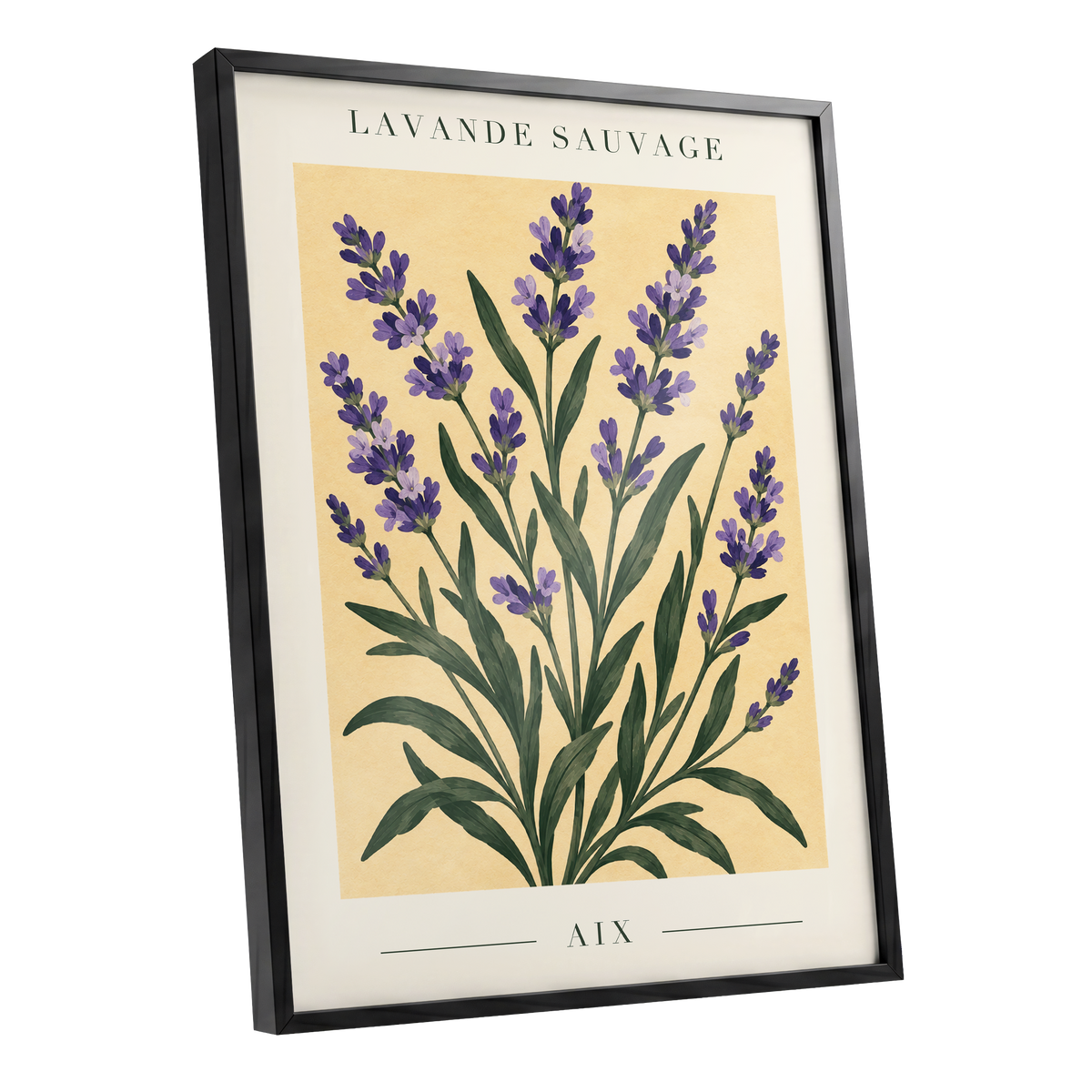 Lavender in Aix, purple, green, yellow floral wall art shown as a black framed poster wall art print