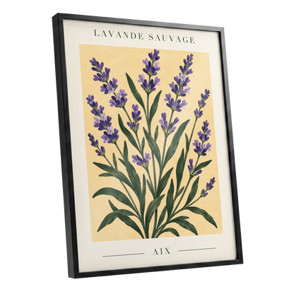 Lavender in Aix, purple, green, yellow floral wall art shown as a black framed poster wall art print
