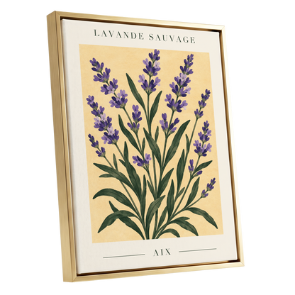 Lavender in Aix, purple, green, yellow floral wall art shown as a gold framed canvas wall art