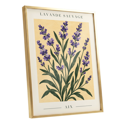 Lavender in Aix, purple, green, yellow floral wall art shown as a gold framed poster wall art print