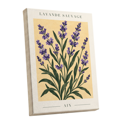 Lavender in Aix, purple, green, yellow floral wall art shown as a stretched canvas wall art