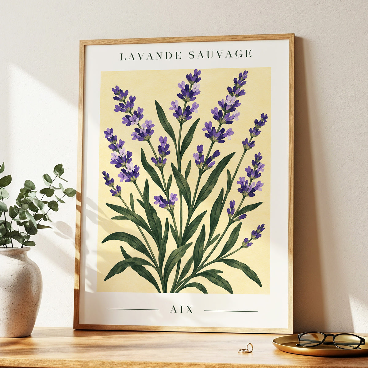 Lavender in Aix, purple, green, yellow floral wall art displayed in a styled interior, gallery view 2
