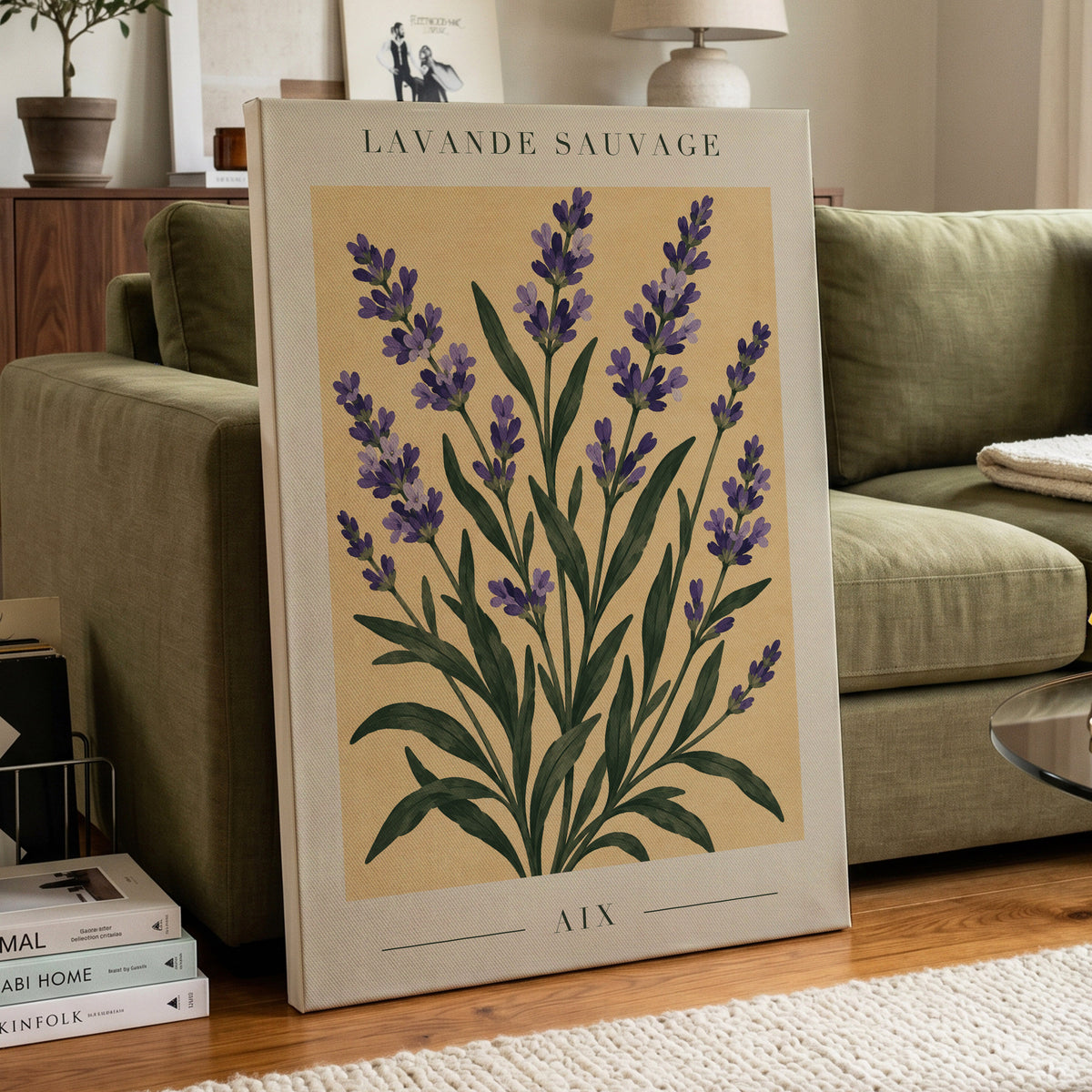 Lavender in Aix, purple, green, yellow floral wall art displayed in a styled interior, gallery view 3