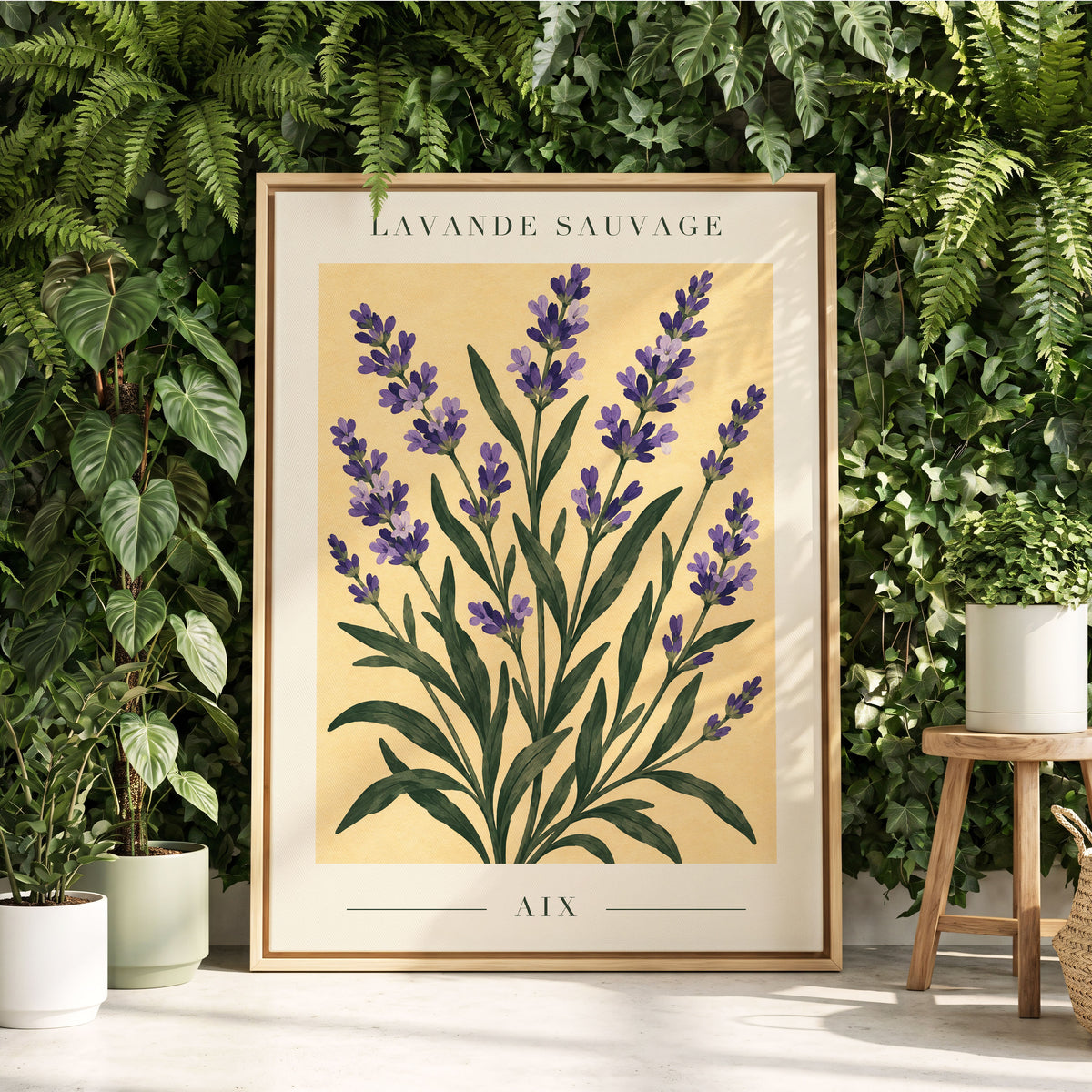 Lavender in Aix, purple, green, yellow floral wall art displayed in a styled interior, gallery view 4
