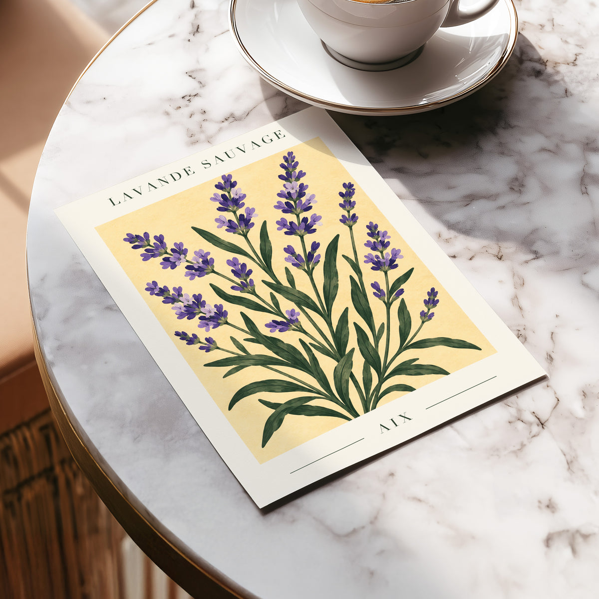 Lavender in Aix, purple, green, yellow floral wall art displayed in a styled interior, gallery view 5
