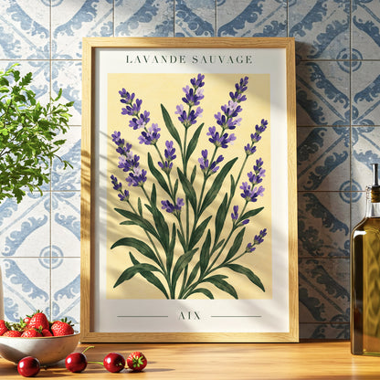 Lavender in Aix, purple, green, yellow floral wall art displayed in a styled interior, gallery view 6