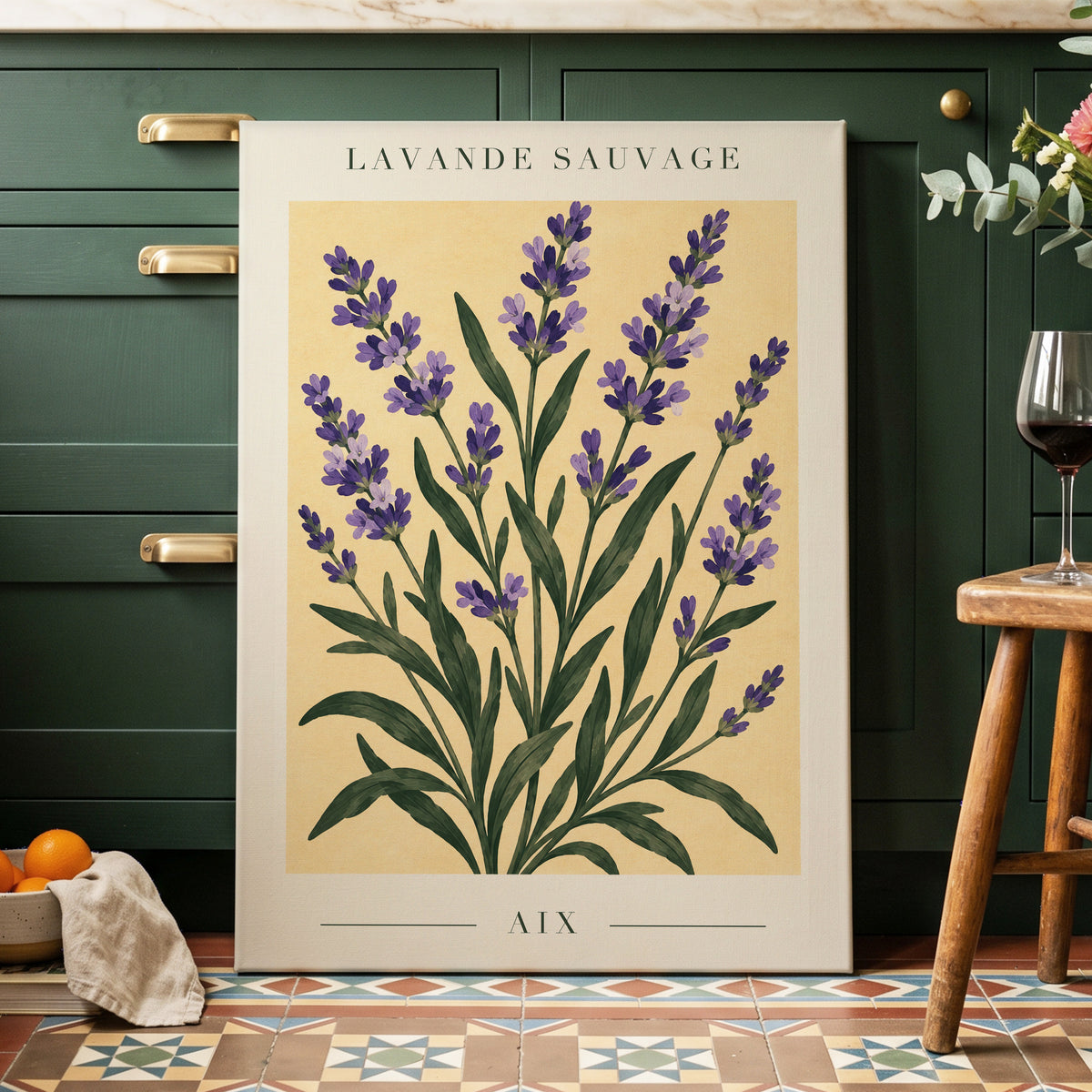Lavender in Aix, purple, green, yellow floral wall art displayed in a styled interior, gallery view 7