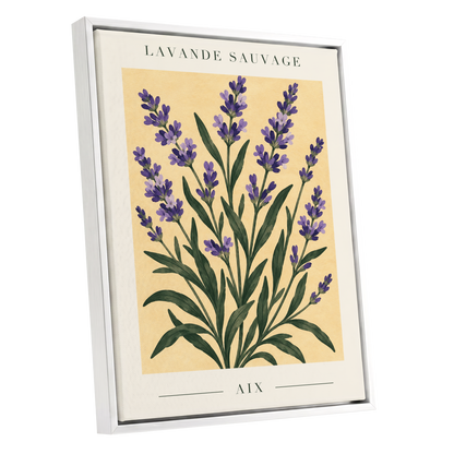 Lavender in Aix, purple, green, yellow floral wall art shown as a white framed canvas wall art