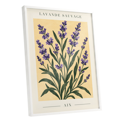 Lavender in Aix, purple, green, yellow floral wall art shown as a white framed poster wall art print