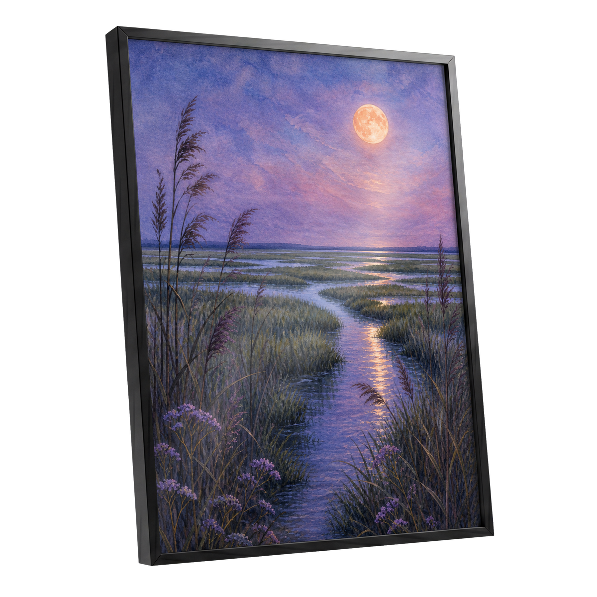 Lavender Moonwater, purple, blue, green nature wall art shown as a black framed poster wall art print