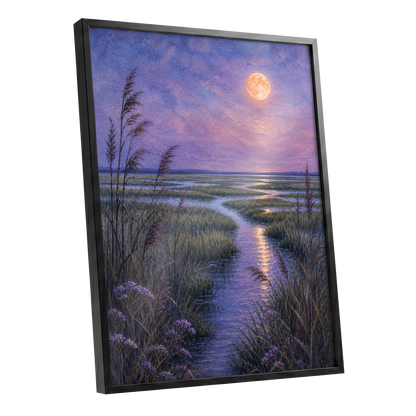 Lavender Moonwater, purple, blue, green nature wall art shown as a black framed poster wall art print