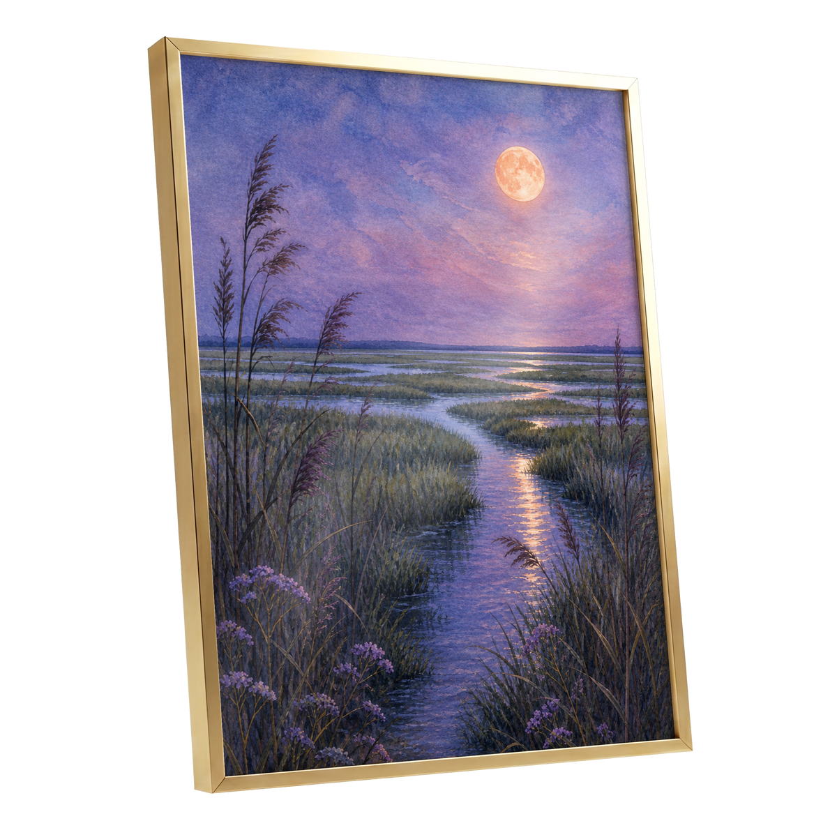 Lavender Moonwater, purple, blue, green nature wall art shown as a gold framed poster wall art print
