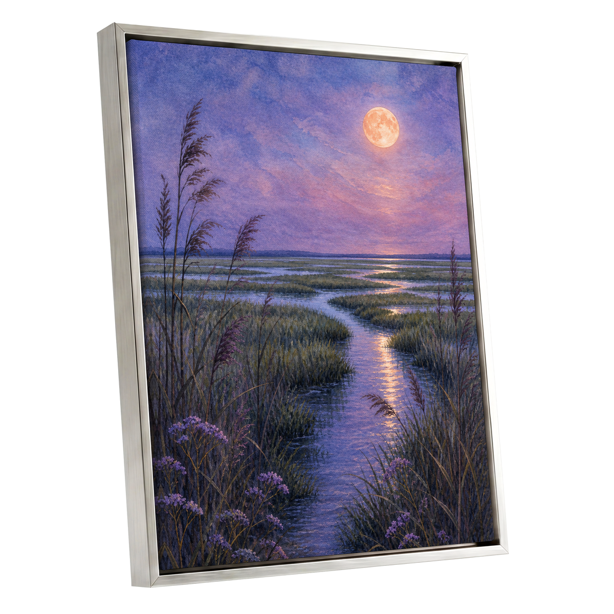 Lavender Moonwater, purple, blue, green nature wall art shown as a silver framed canvas wall art