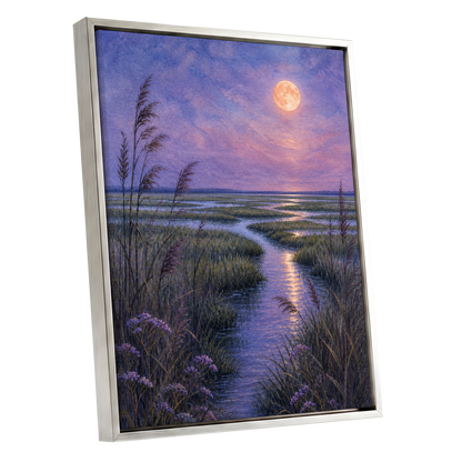Lavender Moonwater, purple, blue, green nature wall art shown as a silver framed canvas wall art
