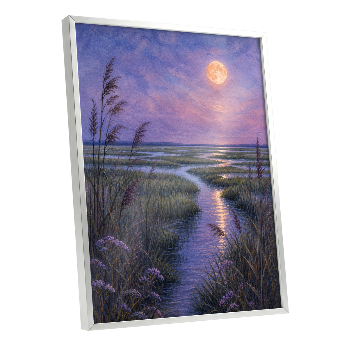 Lavender Moonwater, purple, blue, green nature wall art shown as a silver framed poster wall art print
