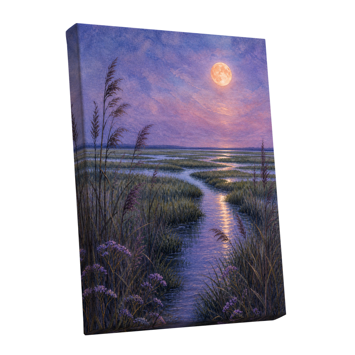 Lavender Moonwater, purple, blue, green nature wall art shown as a stretched canvas wall art