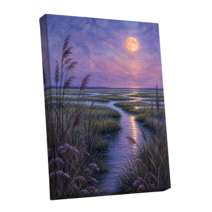 Lavender Moonwater, purple, blue, green nature wall art shown as a stretched canvas wall art