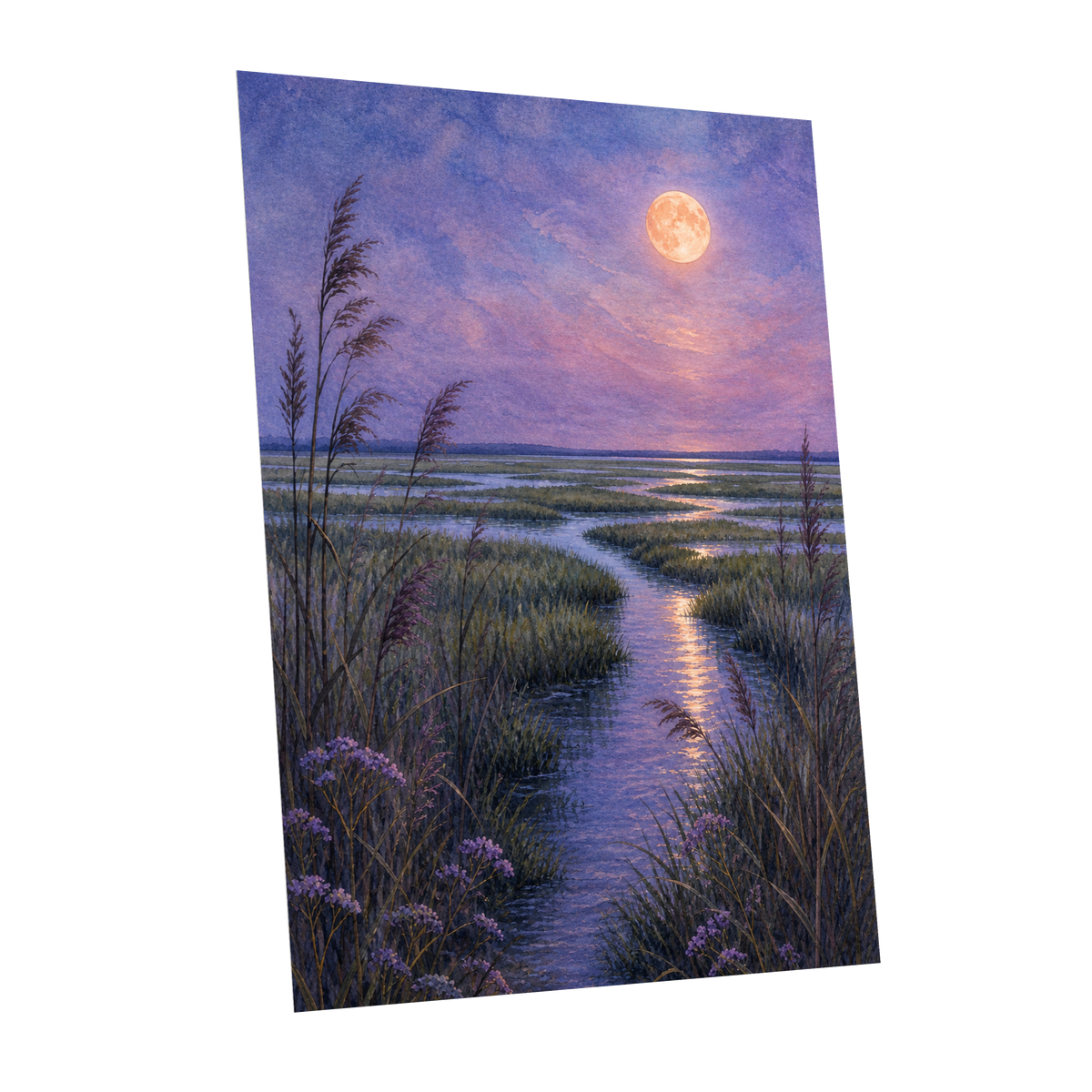 Lavender Moonwater, purple, blue, green nature wall art shown as a unframed poster wall art print