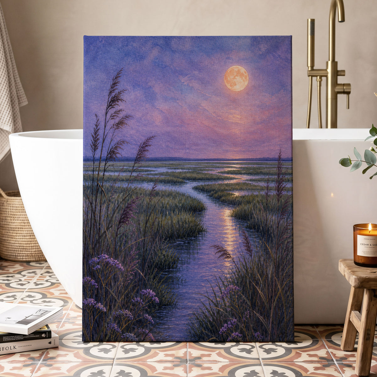 Lavender Moonwater, purple, blue, green nature wall art displayed in a styled interior, gallery view 3