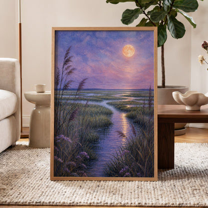 Lavender Moonwater, purple, blue, green nature wall art displayed in a styled interior, gallery view 6