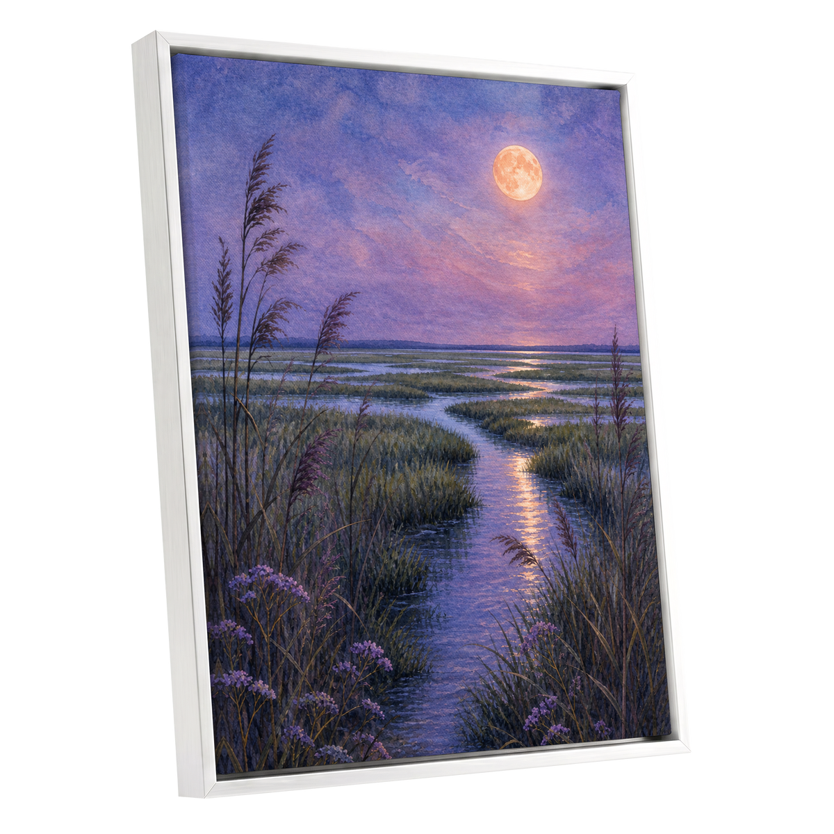 Lavender Moonwater, purple, blue, green nature wall art shown as a white framed canvas wall art