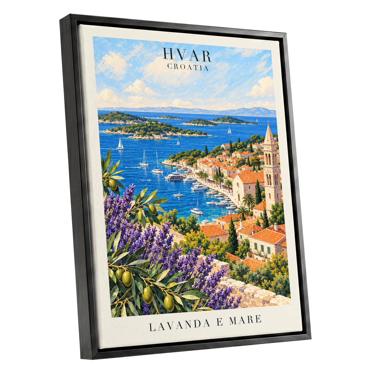 Lavender Shores of Hvar, blue, green, beige nature wall art shown as a black framed canvas wall art