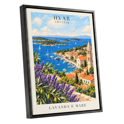Lavender Shores of Hvar, blue, green, beige nature wall art shown as a black framed canvas wall art