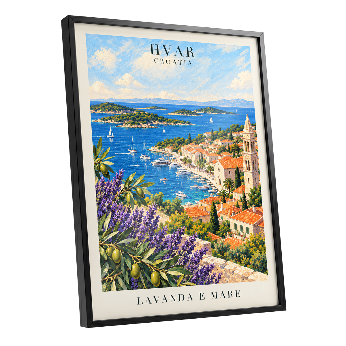 Lavender Shores of Hvar, blue, green, beige nature wall art shown as a black framed poster wall art print