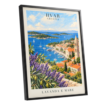 Lavender Shores of Hvar, blue, green, beige nature wall art shown as a black framed poster wall art print