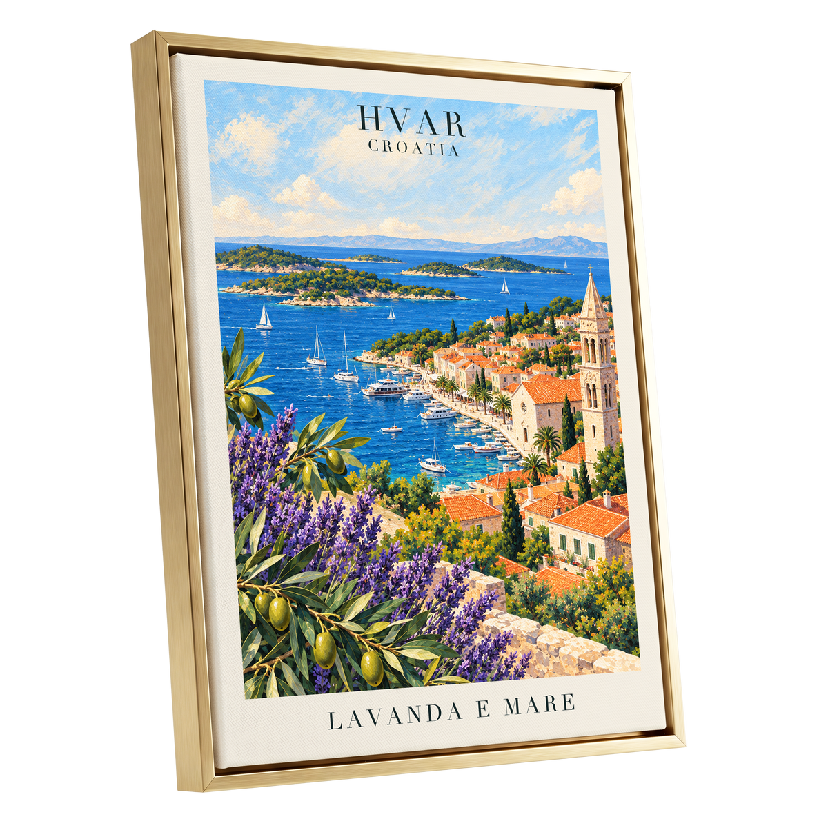 Lavender Shores of Hvar, blue, green, beige nature wall art shown as a gold framed canvas wall art