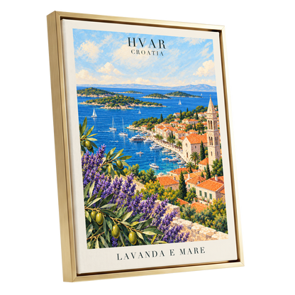 Lavender Shores of Hvar, blue, green, beige nature wall art shown as a gold framed canvas wall art