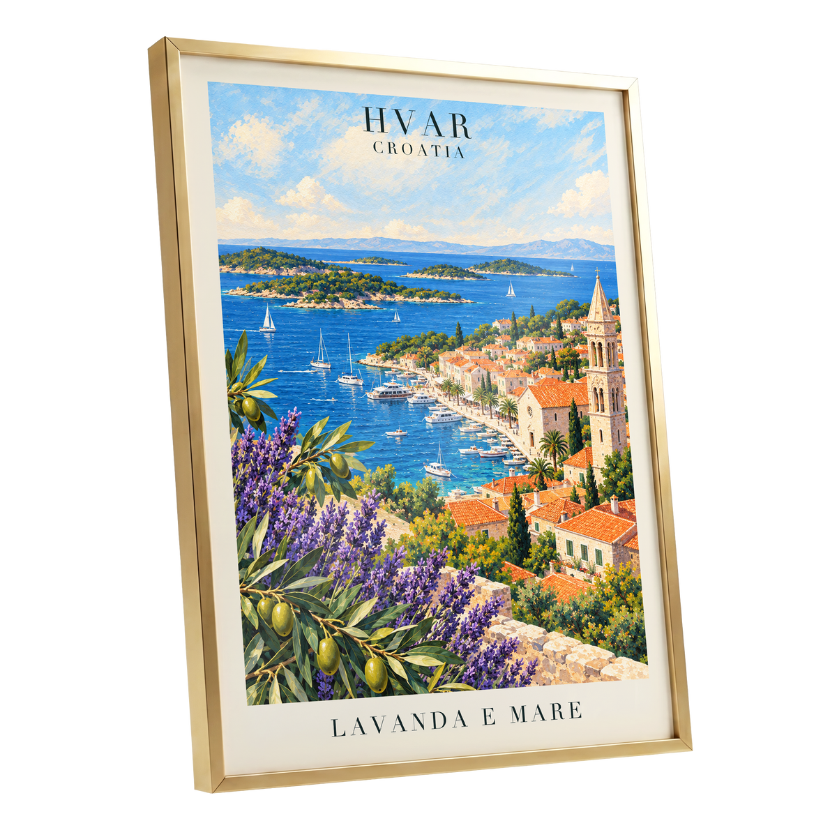 Lavender Shores of Hvar, blue, green, beige nature wall art shown as a gold framed poster wall art print