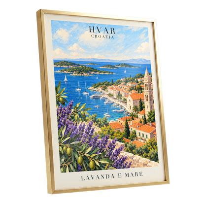 Lavender Shores of Hvar, blue, green, beige nature wall art shown as a gold framed poster wall art print
