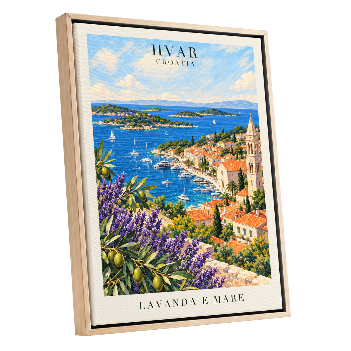 Lavender Shores of Hvar, blue, green, beige nature wall art shown as a oak framed canvas wall art