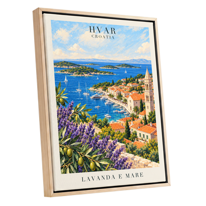 Lavender Shores of Hvar, blue, green, beige nature wall art shown as a oak framed canvas wall art